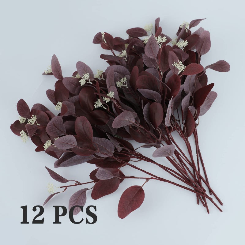 dallisten 20"" Silk Artificial Eucalyptus Stems  12Pcs Fake Eucalyptus Stem with Leaves Berries  Greenery Plants Floral Decorations for Wedding Party Flowers Arrangement Home Decor (Burgundy) - Image 3